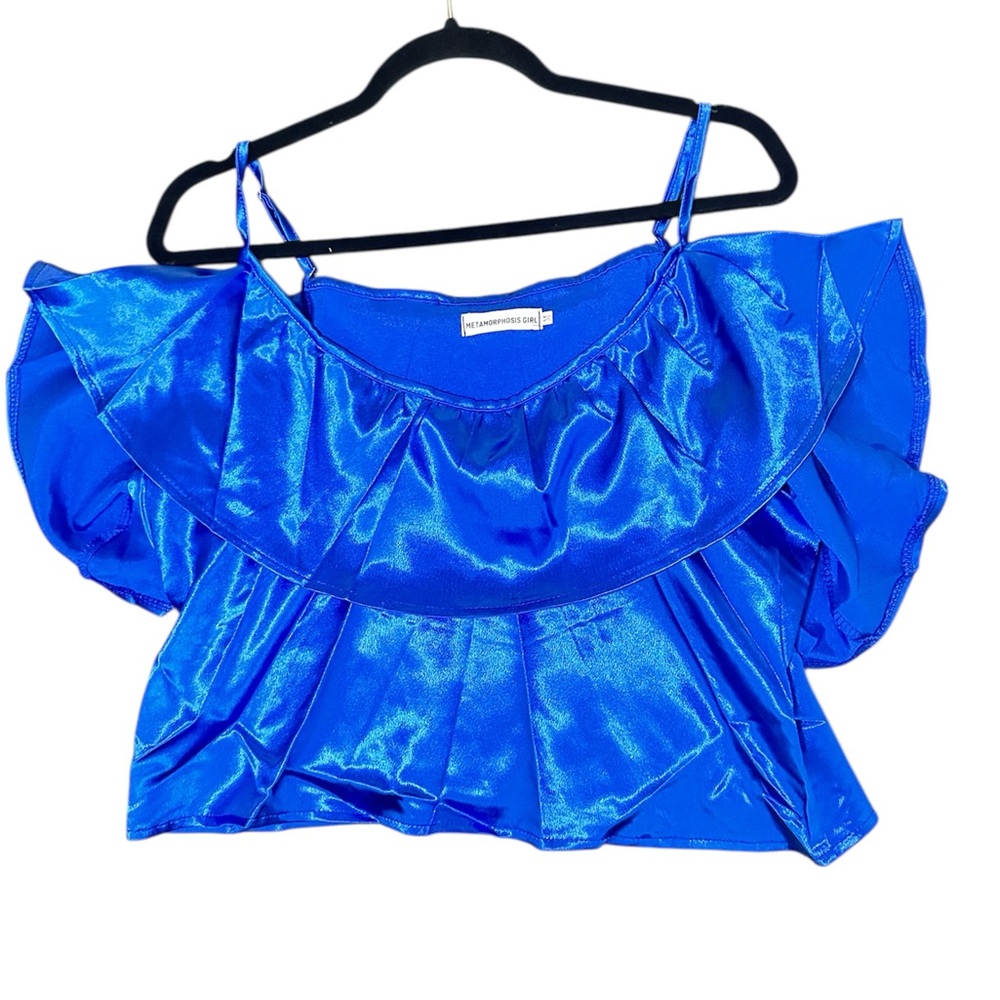 Blue Ruffled Sleeveless Crop Blouse